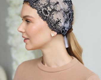 Black Lace Head Covering, Embroidered Chapel Veil Scarf, Catholic Mass Veil, Modest Church Mantilla