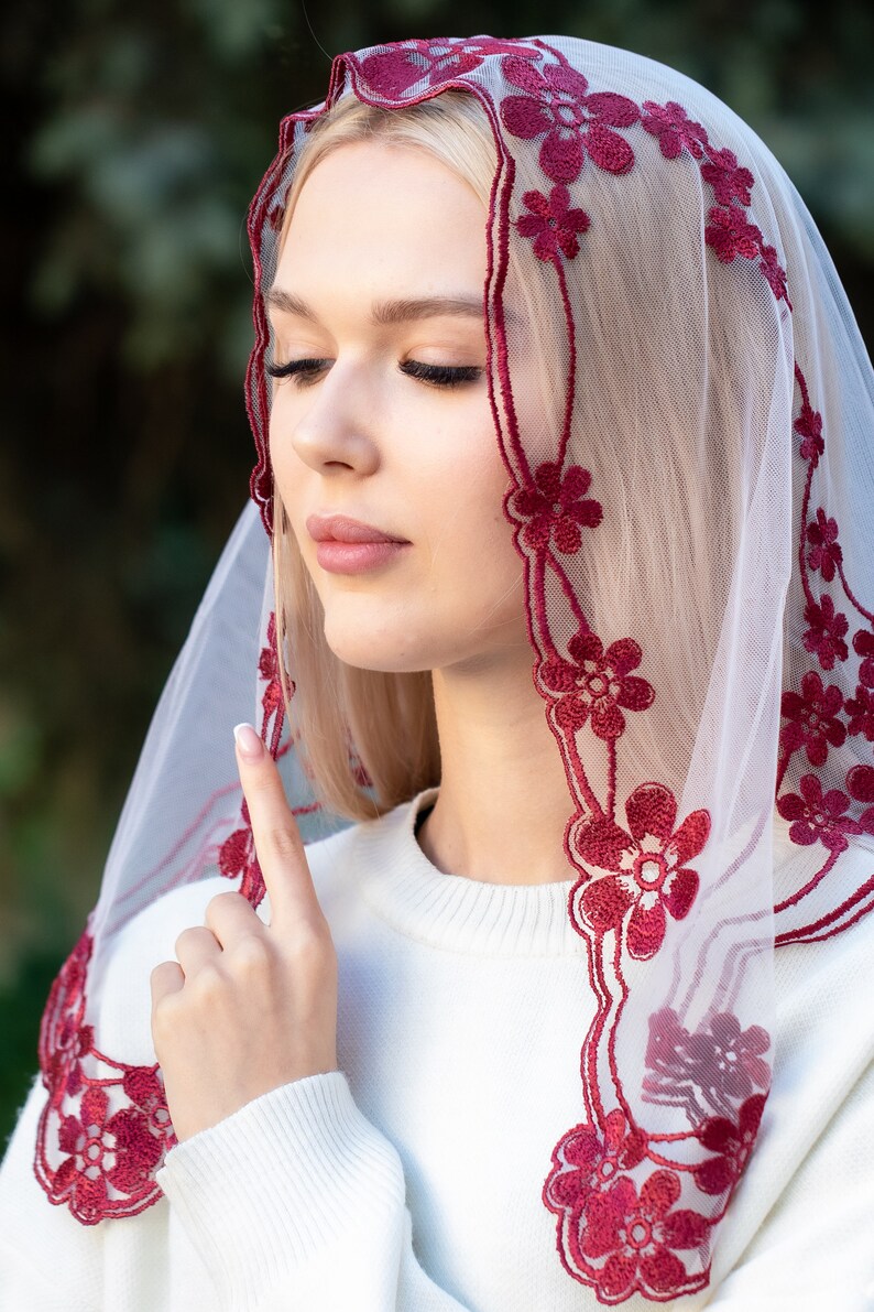 Floral burgundy chapel veil, Church mantilla, Catholic head covering veil image 8