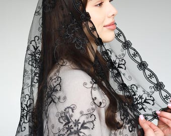 Black chapel veil, Lace Chapel Veil Mantilla,D shape Veil Latin Mass, black church veil, lace veil headcovering 006
