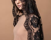 Our Lady of Guadalupe veil, Catholic chapel veil, long black chapel mantilla, Classic Catholic veil with floral lace