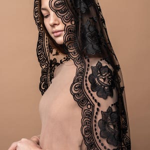 Our Lady of Guadalupe veil, Catholic chapel veil, long black chapel mantilla, Classic Catholic veil with floral lace image 1