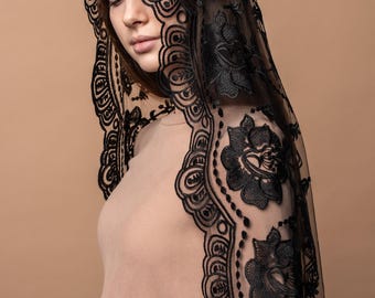 Our Lady of Guadalupe veil, Catholic chapel veil, long black chapel mantilla, Classic Catholic veil with floral lace