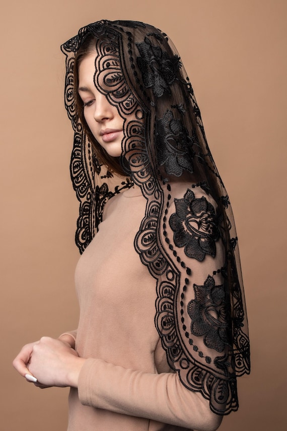 Our Lady of Guadalupe veil, Catholic chapel veil, long black chapel mantilla, Classic Catholic veil with floral lace