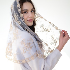 Long Gold Chapel veil, latin mass veil, veil for church, catholic mass veil, cathedral veil lace image 1