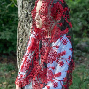 Our Lady of Guadalupe veil, Catholic chapel veil, long black chapel mantilla, Classic Catholic veil with floral lace image 2