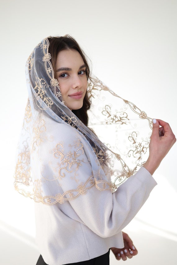 Long Gold Chapel veil,  latin mass veil, veil for church, catholic mass veil, cathedral veil lace