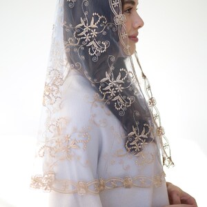 Long Gold Chapel veil, latin mass veil, veil for church, catholic mass veil, cathedral veil lace image 5