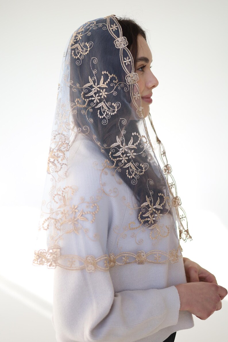 Long Gold Chapel veil, latin mass veil, veil for church, catholic mass veil, cathedral veil lace image 5
