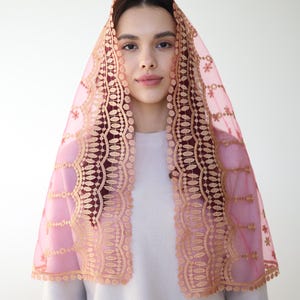 Faith Head Coverings Holy, Chapel Veils, Pink Mass veil, Infinity veil Mantilla