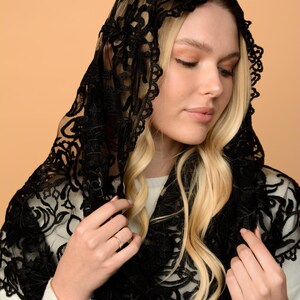 Black lace mantilla, church veil cap, lace head covering veil, Trinity Veil , Catholic Veil ,Church Veil ,Mass Veil image 3