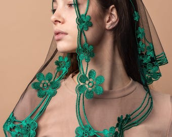 Green chapel  veil with floral embroidery, Church lace head covering veil, Catholic lace mantilla 011