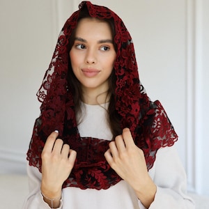 Burgundy Lace Chapel Veil, Catholic Mass Mantilla, Spanish Style Head Covering, Church Veil, Elegant Lace Headscarf image 1