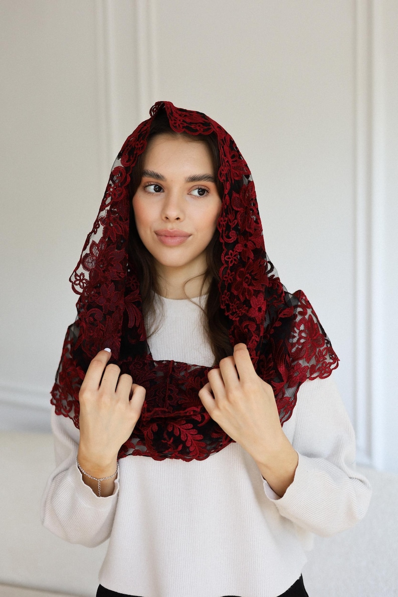 Burgundy Lace Chapel Veil, Catholic Mass Mantilla, Spanish Style Head Covering, Church Veil, Elegant Lace Headscarf image 1