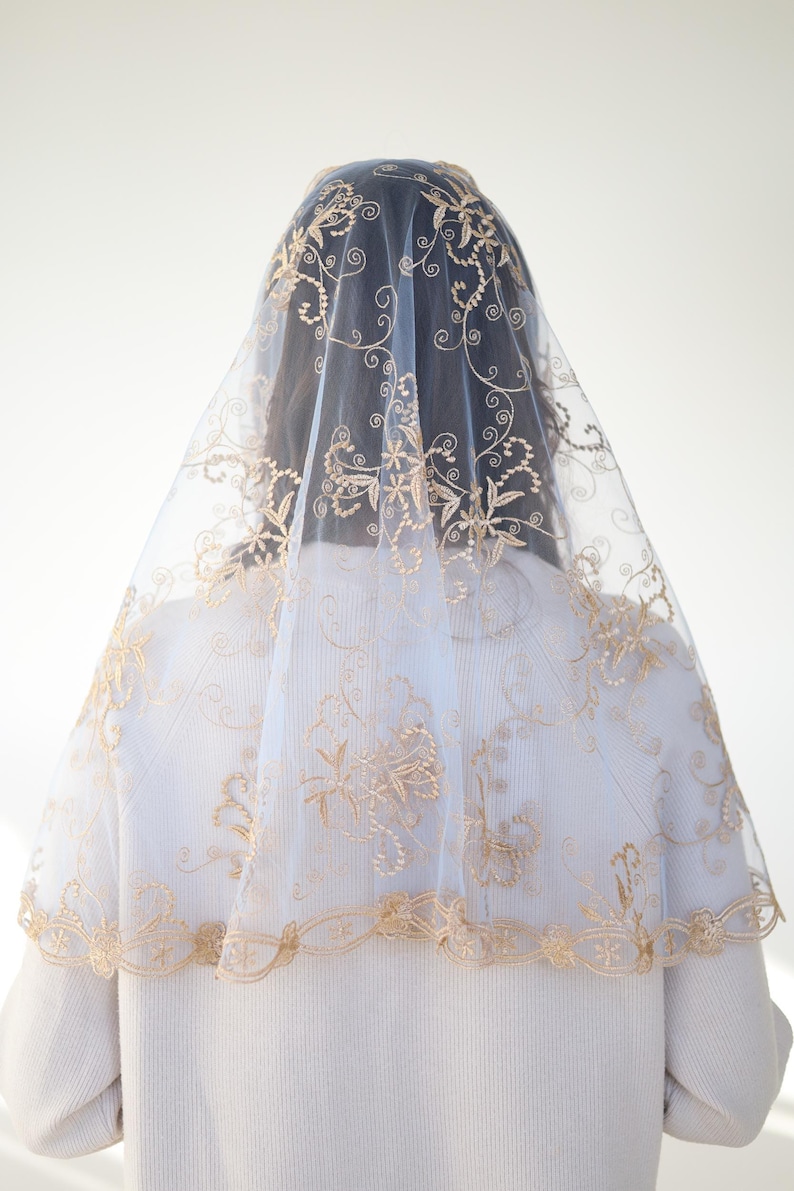 Long Gold Chapel veil, latin mass veil, veil for church, catholic mass veil, cathedral veil lace image 6