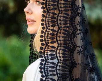 Black veil Mantilla, Long Veil,  Faith Coverings Holy, Chapel Veils