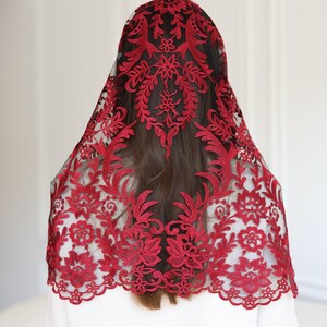 Burgundy Lace Chapel Veil, Catholic Mass Mantilla, Spanish Style Head Covering, Church Veil, Elegant Lace Headscarf image 6