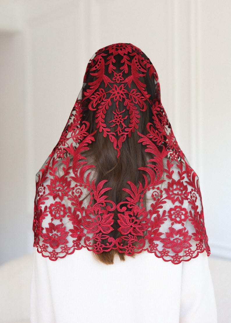 Burgundy Lace Chapel Veil, Catholic Mass Mantilla, Spanish Style Head Covering, Church Veil, Elegant Lace Headscarf image 6