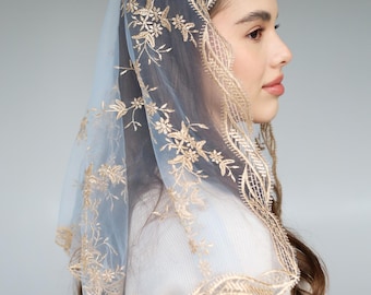 Gold Church Veil, Traditional Catholic Veil, Gold Lace scarf