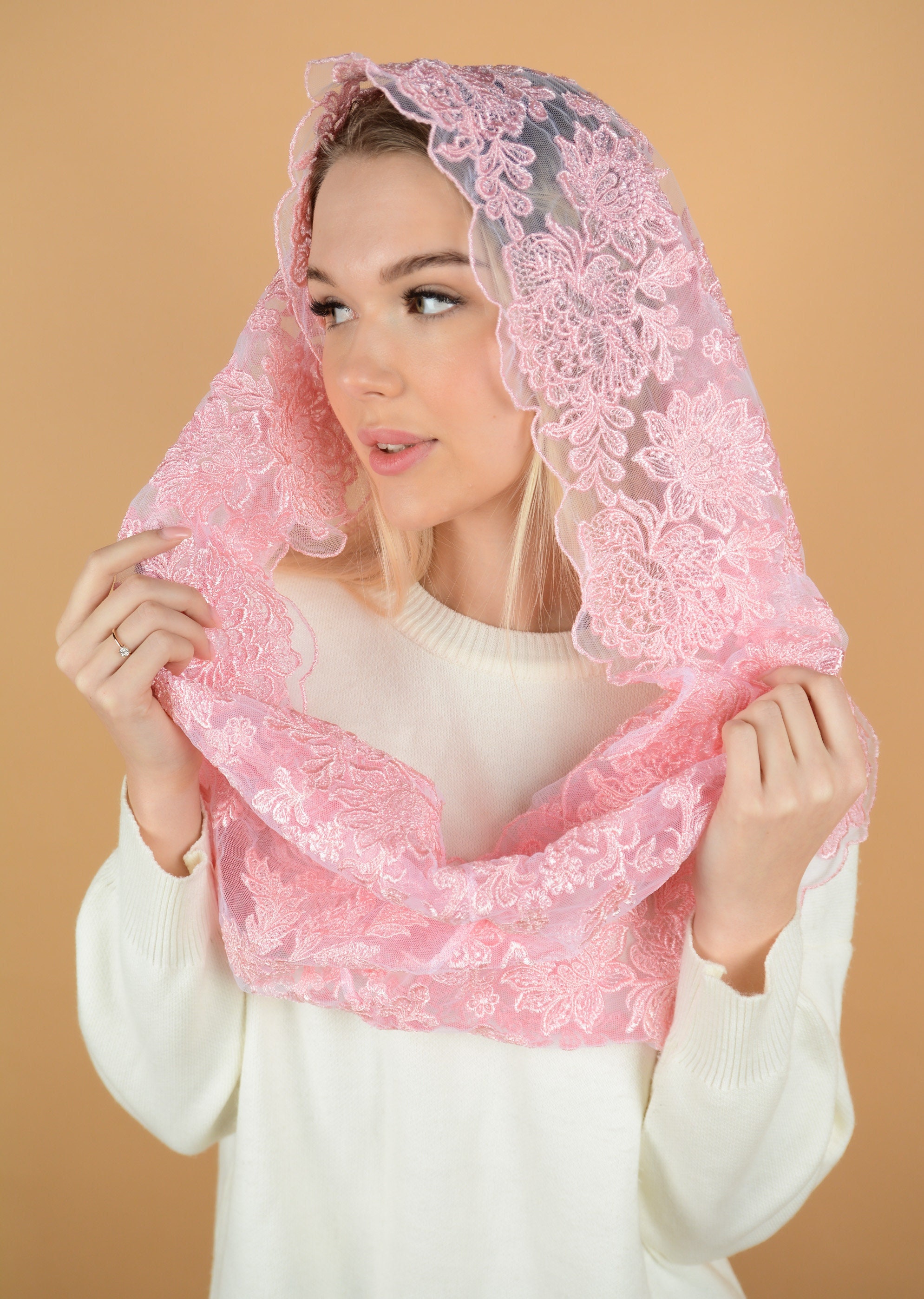 NEW!! Infinity Pink Chapel Veil, Catholic Lace Mantilla, Catholic