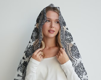 Embroidered Floral Mantilla, Soft Tulle Head Covering, Prayer Veil for Church or Wedding, Black Lace Chapel Veil