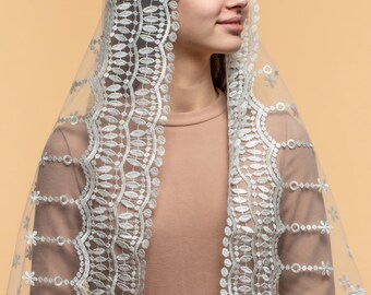 White chapel  veil with floral embroidery, Church lace head covering veil, Catholic lace mantilla