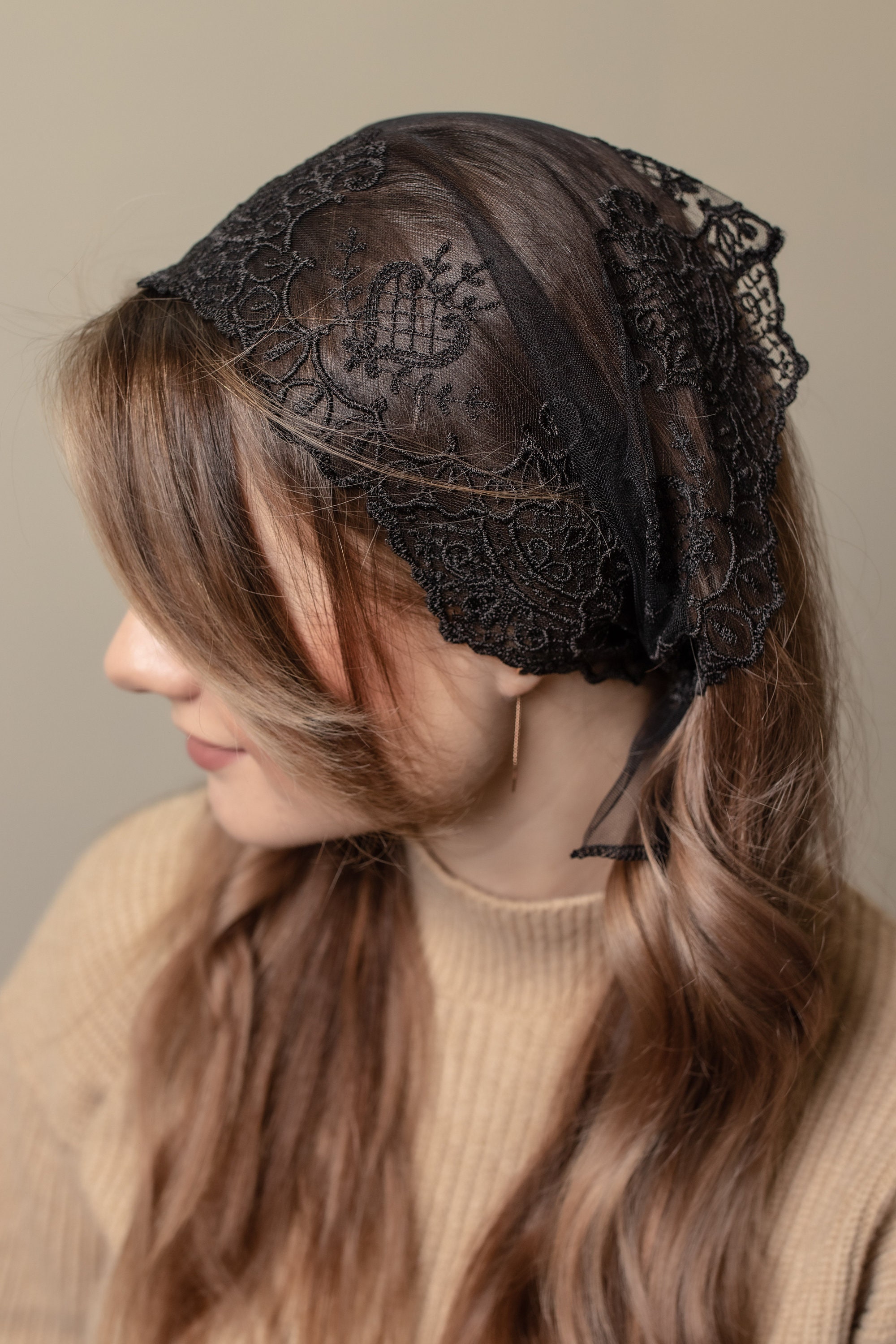 Catholic headband veil black lace head wrap Traditional Etsy