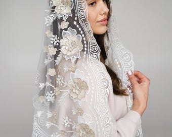 3D cathedral veil, cathedral veil lace, chapel veil for mass, Our Lady of Guadalupe veil, 3D chapel veil