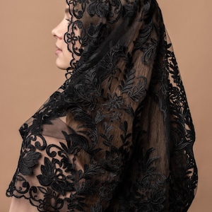 Black lace mantilla, church veil cap, lace head covering veil, Trinity Veil , Catholic Veil ,Church Veil ,Mass Veil image 3