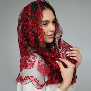 Catholic head covering veil for church, Latin Mass Mantilla, Red Lace Mantilla