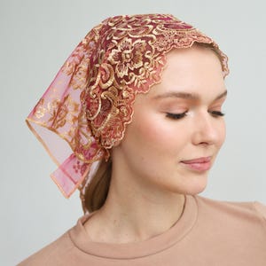 Pink Gold Catholic Mantilla Veil for Mass and Prayer – Elegant Embroidered Head Covering