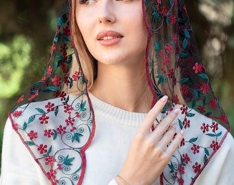 Burgundy Triangle Veil, Lace Chapel Veil, latin Mass veil