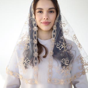 Long Gold Chapel veil, latin mass veil, veil for church, catholic mass veil, cathedral veil lace image 2