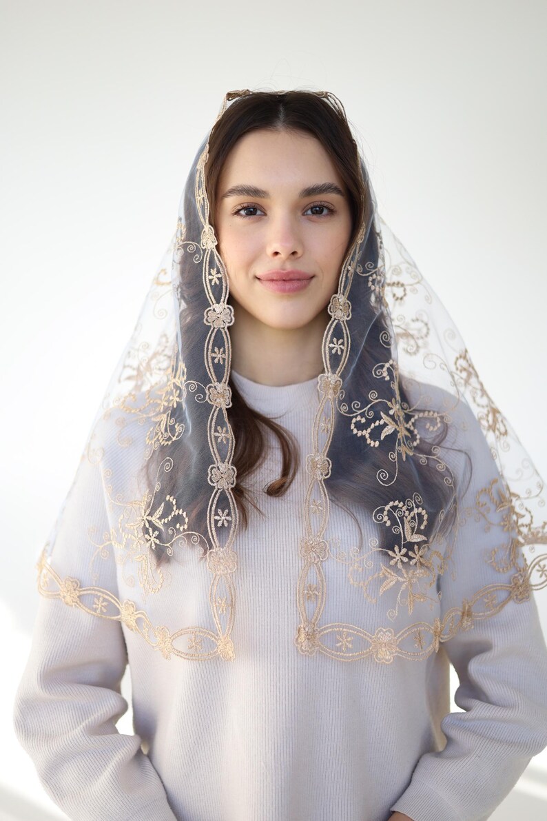 Long Gold Chapel veil, latin mass veil, veil for church, catholic mass veil, cathedral veil lace image 2