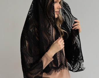 Black Lace Mantilla Veil, Traditional Chapel Veil, Modest Catholic Head Covering, Elegant Prayer Scarf