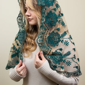 Our Lady of Guadalupe veil, Long emerald green chapel veil,   green lace scarf, head covering veil, floral lace chapel veil