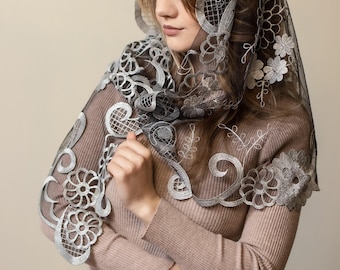 Grey chapel mantilla, chapel veil Catholic, Our lady of Lourdes veil,  Mantilla Catholic Veil Church Veil Mass Veil for Mass 013