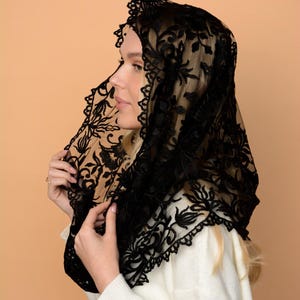 Black lace mantilla, church veil cap, lace head covering veil, Trinity Veil , Catholic Veil ,Church Veil ,Mass Veil image 6