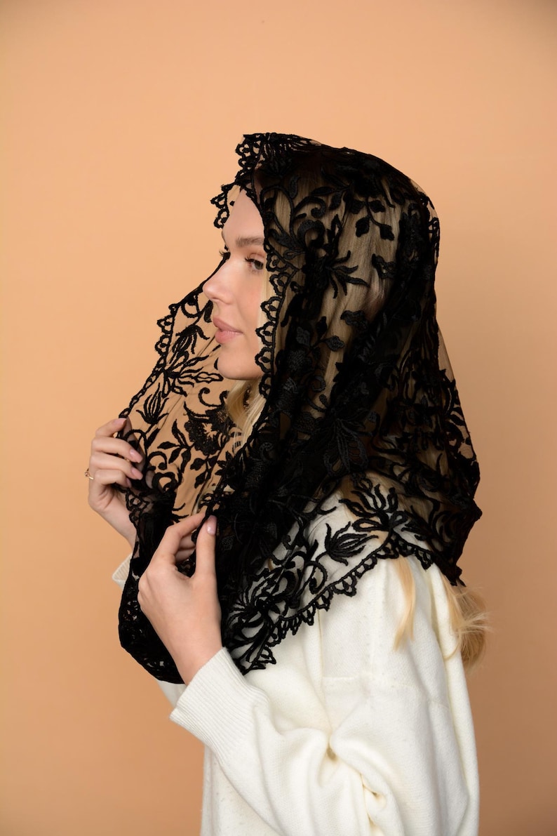Black lace mantilla, church veil cap, lace head covering veil, Trinity Veil , Catholic Veil ,Church Veil ,Mass Veil image 6