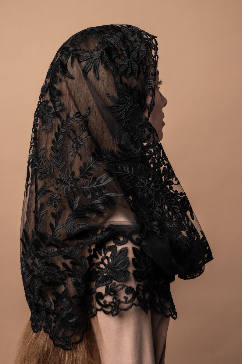 Black lace mantilla, church veil cap, lace head covering veil, Trinity Veil , Catholic Veil ,Church Veil ,Mass Veil image 6