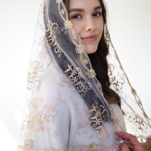 Long Gold Chapel veil, latin mass veil, veil for church, catholic mass veil, cathedral veil lace image 4