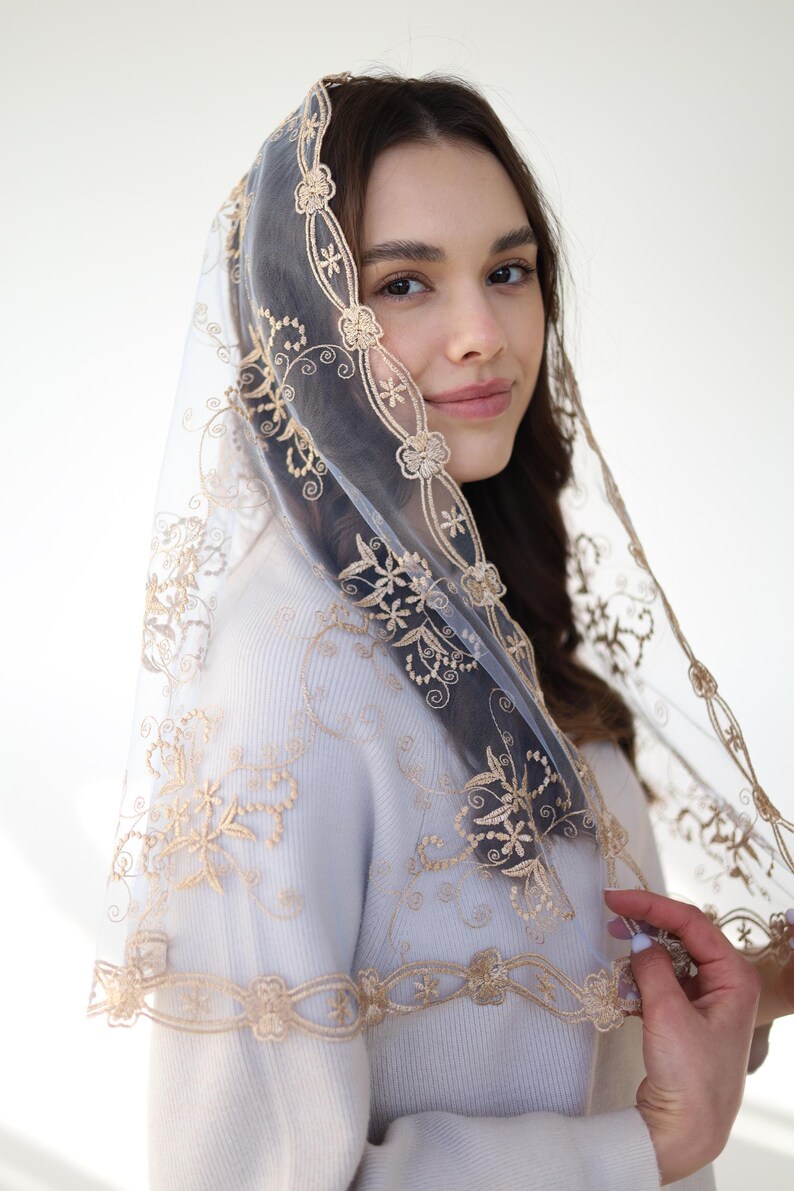 Long Gold Chapel veil, latin mass veil, veil for church, catholic mass veil, cathedral veil lace image 4
