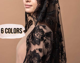 Long Our Lady of Guadalupe veil, long black chapel mantilla, Classic Catholic veil with floral lace