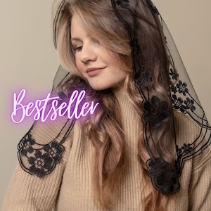 BESTSELLER veil| Black chapel veil with floral, black Lace scarf, black church veil, Catholic veil