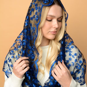 Cathedral veil, blue veil lace, chapel veil for mass, Our Lady of Guadalupe veil