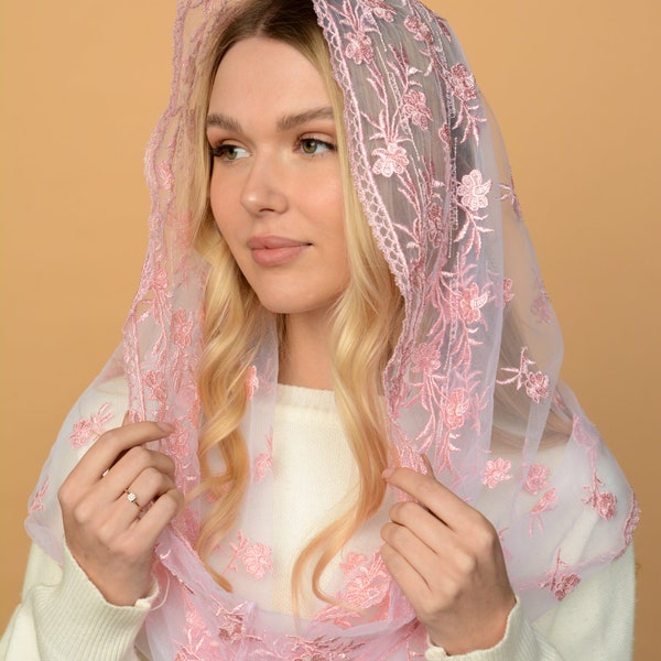 Pink chapel veil, Catholic head covering veil for church, Catholic lace mantilla