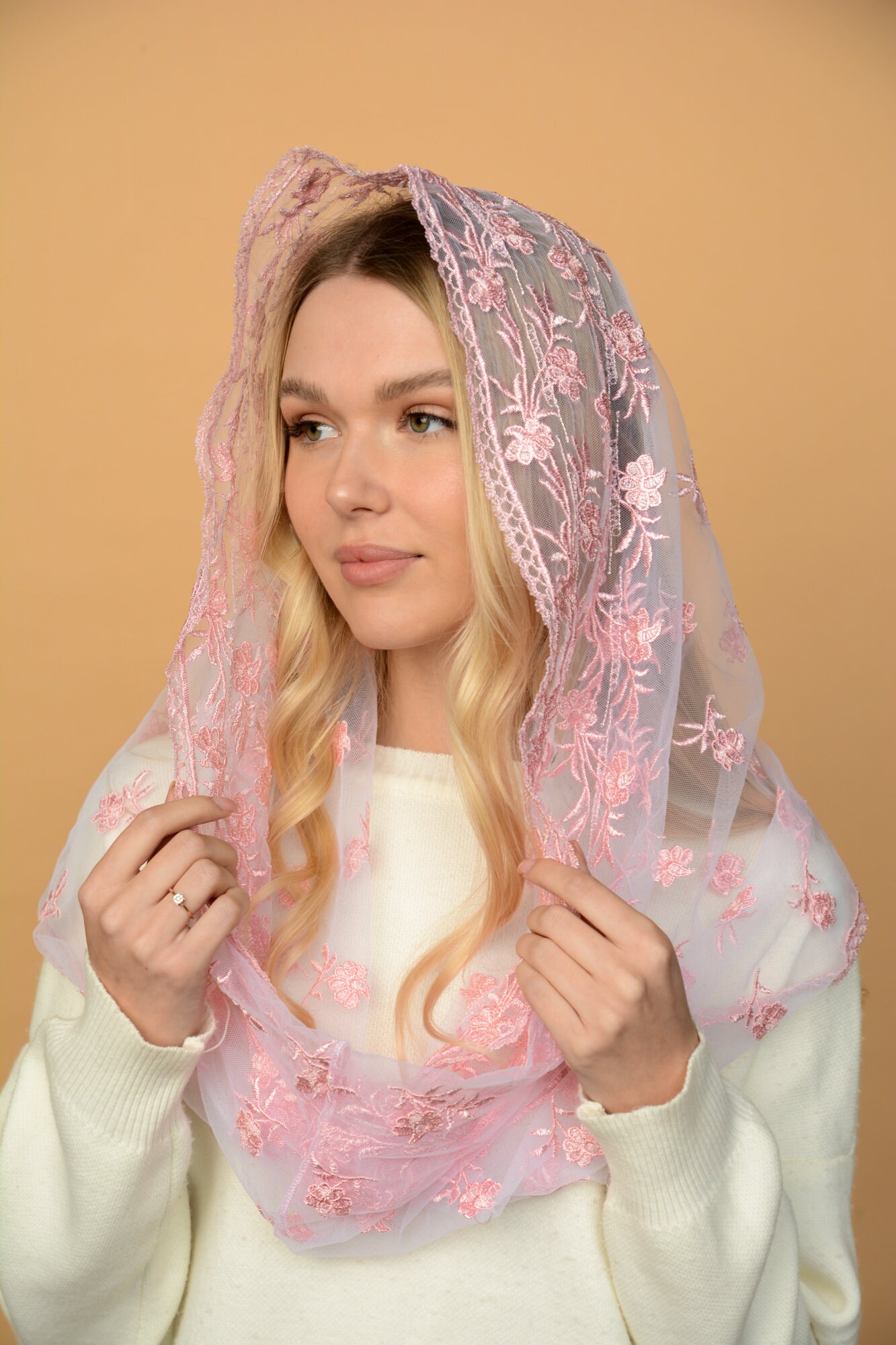 Pink chapel veil, Catholic head covering veil for church, Catholic lace mantilla