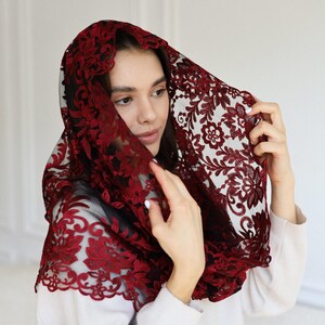 Burgundy Lace Chapel Veil, Catholic Mass Mantilla, Spanish Style Head Covering, Church Veil, Elegant Lace Headscarf image 4