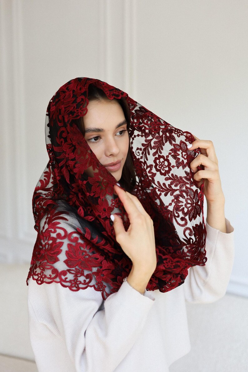 Burgundy Lace Chapel Veil, Catholic Mass Mantilla, Spanish Style Head Covering, Church Veil, Elegant Lace Headscarf image 4