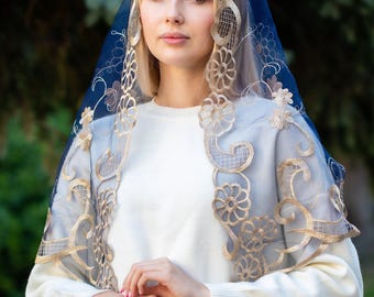 Catholic gold lace mantilla, Veil for church, Blue Catholic head covering veil