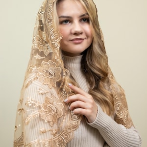 Gold Cathedral Veil,  chapel veil for mass, Gold Lace chapel veil